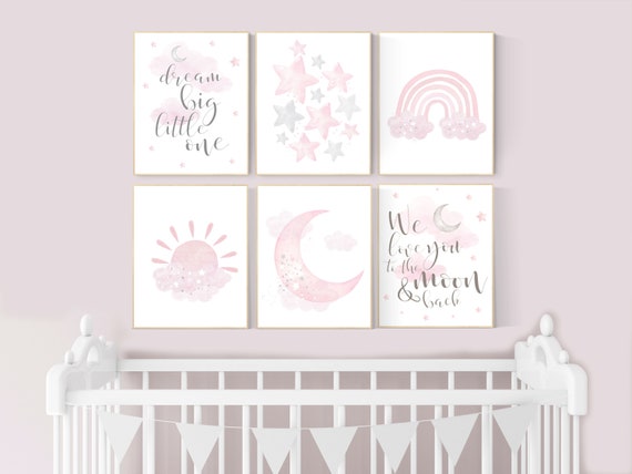 Nursery decor girl pink and gray, pink grey nursery, moon and star, girl nursery wall art, nursery prints girl, rainbow nursery wall decor