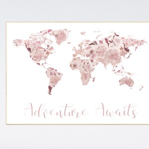 Carte du monde florale, décoration de chambre d'enfant, oeuvre d'art de voyage, impression florale de chambre d'enfant, bordeaux, rose, chambre de bébé fille, aventure vous attend
