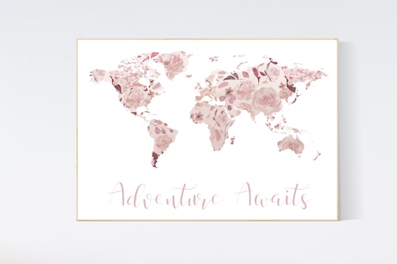 Floral World Map, Girl Nursery Decor, Travel Nursery Art, floral Nursery Print, burgundy, pink, Nursery baby girl room, Adventure Awaits