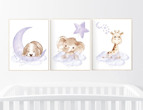 Purple nursery wall art, animal nursery, elephant, giraffe, puppy, woodland animals, lilac nursery decor, lavender, girl nursery, moon stars