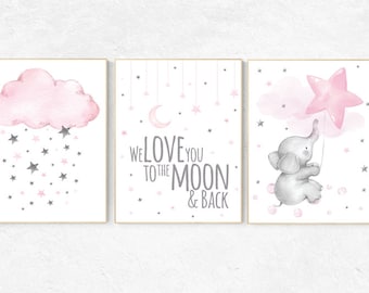 Nursery wall art girl elephant, Nursery decor girl pink and gray, nursery prints girl, cloud and stars, we love you to the moon and back