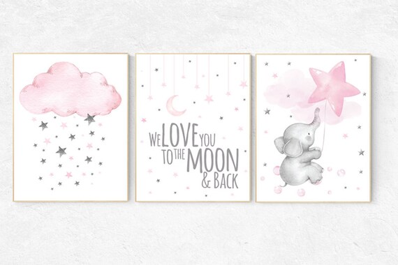 Nursery wall art girl elephant, Nursery decor girl pink and gray, nursery prints girl, cloud and stars, we love you to the moon and back