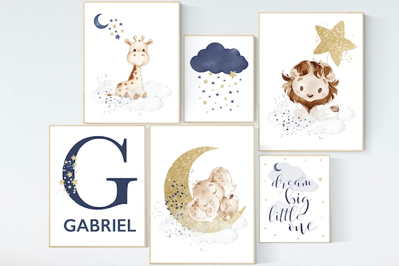 Nursery decor boy elephant, lion, giraffe, nursery wall art boy, navy Blue gold, moon and stars, boy nursery decor, animal nursery print set