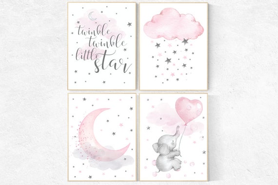 Nursery decor girl, Nursery decor elephant, nursery decor pink and gray, twinkle twinkle little star, pink nursery art, cloud and stars