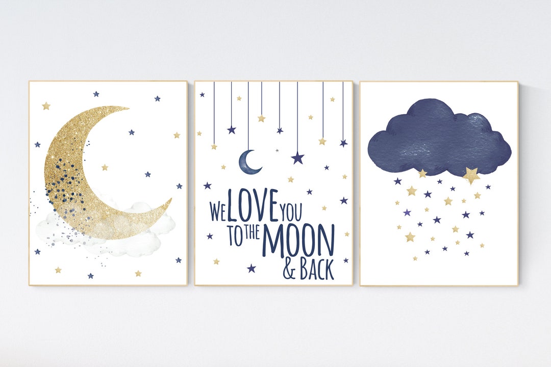Navy Nursery Decor, Cloud and Stars, Moon and Stars, Navy Gold Nursery ...