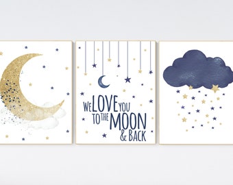 Navy Gold Nursery Art Prints: Moon, Stars, Cloud Decor - Set of 3