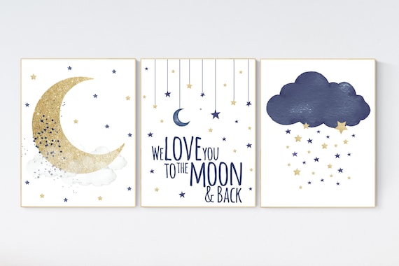 Navy nursery decor, cloud and stars, moon and stars, navy gold nursery art. baby room wall art, boy nursery decor, set of 3, nursery art