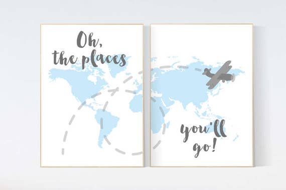 Oh the places you'll go, World Map wall art, world map nursery, Blue nursery decor, world map wall art, baby boy nursery, nursery decor boy