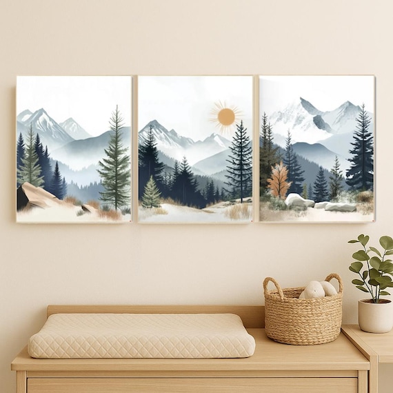 Nursery decor woodland, mountain wall art, tree nursery decor, adventure theme nursery, forest, sage green, beige, woodland animals