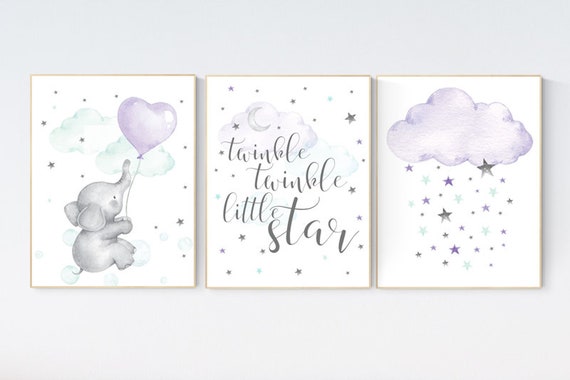 Nursery decor girl elephant, Nursery decor girl purple, twinkle twinkle little star, moon and stars, purple mint, girl nursery wall art