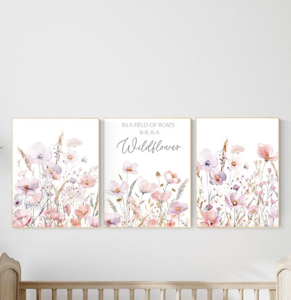 Wildflower Wall Art Set – “In a Field of Roses She Is a Wildflower” Quote with Blush Floral Prints – Girls Room or Nursery Decor Prints