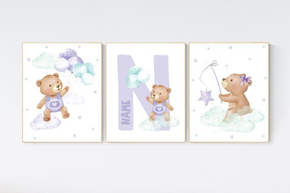 Nursery decor girl, purple and teal, nursery decor bear, teddy bear nursery, lilac nursery print, lavender, baby room decor, purple teal