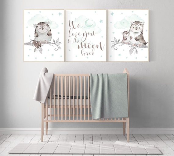 Nursery decor owl, owl nursery art, mint nursery decor, we love you to the moon and back, nursery wall art mint, mint green, gender neutral