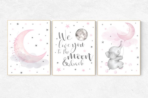 Baby room decor elephant, Nursery decor girl pink and gray, nursery decor girl pink, nursery wall art girl, we love you to the moon and back