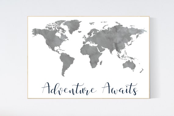 Nursery decor boy, world map, gray nursery, gray navy blue, adventure awaits, adventure nursery, travel theme, plane nursery wall art