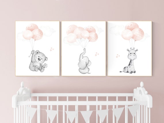 Blush pink nursery decor, girl nursery, animal prints, elephant nursery, bear nursery, giraffe nursery, balloon nursery, baby girl room