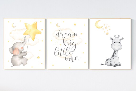 Nursery wall art neutral, nursery wall art elephant giraffe, moon and stars, gender neutral, baby room decor, baby room wall art, yellow