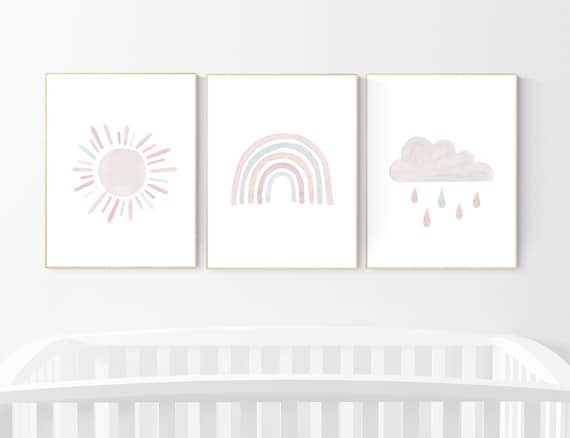 Nursery prints rainbow, blush pink Nursery decor girl, nursery wall art, moon, star, cloud, nursery wall art, blush, rainbow prints