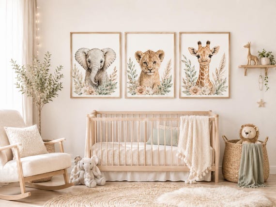 Safari Nursery Wall Art Set of 3, Elephant Lion Giraffe Prints, Neutral Boho Nursery