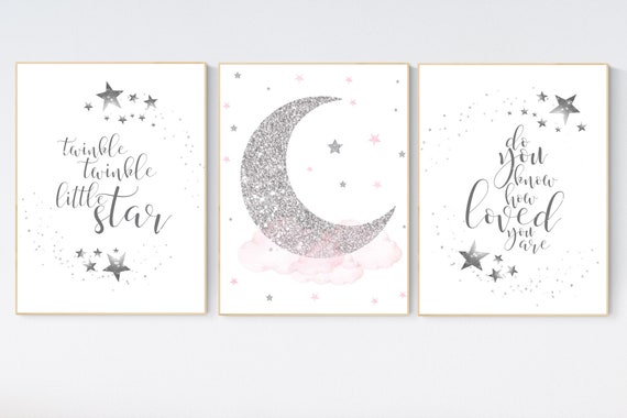 Twinkle twinkle little star, Nursery wall art girl pink silver, baby room decor girl silver and pink, cloud and stars, baby room, moon print