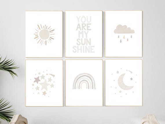 Neutral Nursery Wall Art Set of 6 – You Are My Sunshine Prints, Beige Baby Room Decor, Minimalist Rainbow Sun Moon Stars Nursery Prints