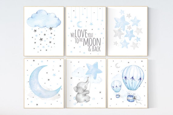 Nursery decor boy elephant, we love you to the moon and back, Blue and gray, cloud and stars, hot air balloon. nursery wall art boy elephant