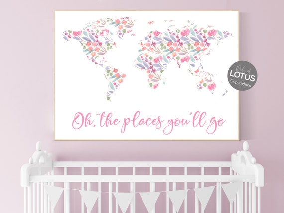 Boho nursery, girl room decor, Floral World Map, Girl Nursery Decor, Travel Nursery, floral Nursery, girl nursery decor, girls room decor
