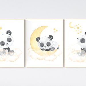 Panda nursery, yellow nursery decor, gender neutral prints, yellow gray nursery wall art, panda prints, animal nursery wall art, neutral