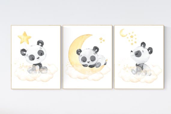 Panda nursery, yellow nursery decor, gender neutral prints, yellow gray nursery wall art, panda prints, animal nursery wall art, neutral