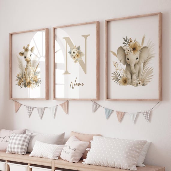 Boho Safari Nursery Prints: Giraffe, Elephant, Personalized Nursery