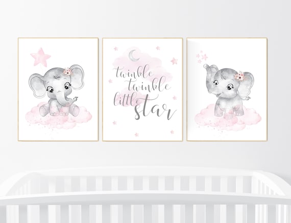 Nursery decor girl, Elephant nursery, nursery wall art elephant,  baby room, girl nursery decor, pink grey elephant, girl nursery art