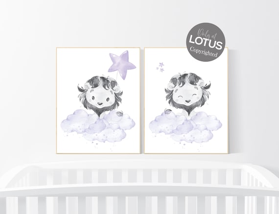 Lion nursery wall art, purple nursery, girl nursery decor, animal prints, nursery decor girl, lilac nursery, lavender nursery, lion prints