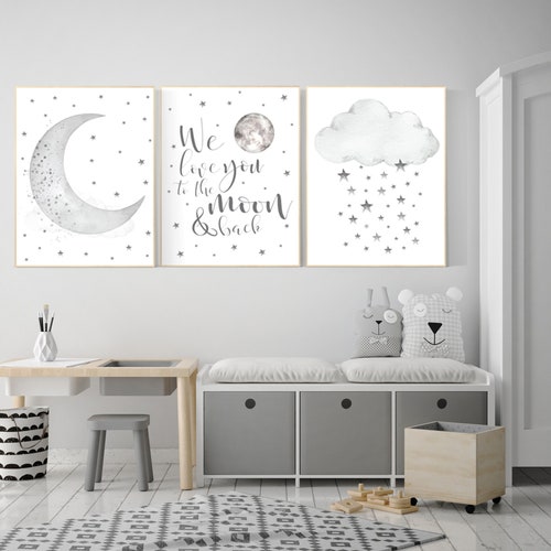 Grey Moon and Stars Nursery Wall Art Set of 3 Baby Room Etsy