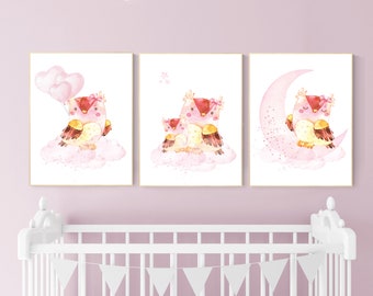Nursery decor girl owl, nursery wall decor pink, owl nursery art, nursery wall art, owls nursery art, nursery wall art moon