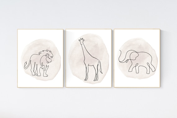 Nursery wall art animals, line art, animal nursery, gender neutral nursery, neutral nursery, beige nursery, lion, elephant, giraffe