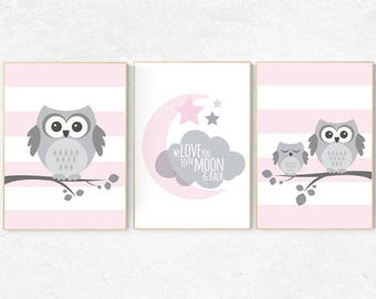 Owl Nursery Art Print, Pink and Gray, Moon & Stars
