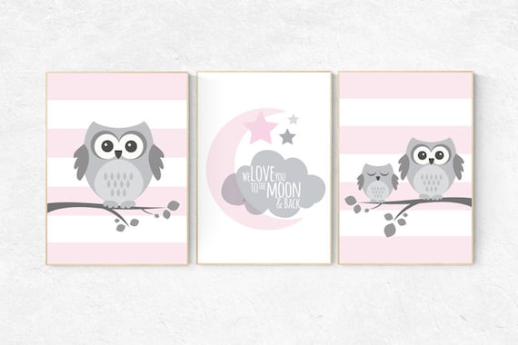 Pink nursery decor, Owl nursery wall art, we love you to the moon, baby girl room decor, owl nursery decor baby girl nursery decor nursery