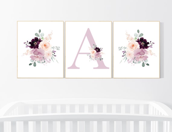 Nursery decor girl purple, mauve, Burgundy, floral nursery, flower nursery, butterfly, nursery prints girl, nursery wall decor girl, name