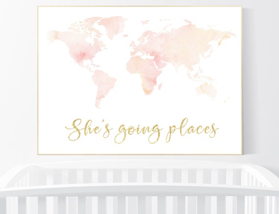 Blush nursery, watercolor world map, light coral, light peach, Nursery baby girl room, nursery wall art map, map print, girl room decor