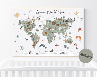 Impresión del mapa del mundo de animales del bosque: decoración infantil en verde salvia