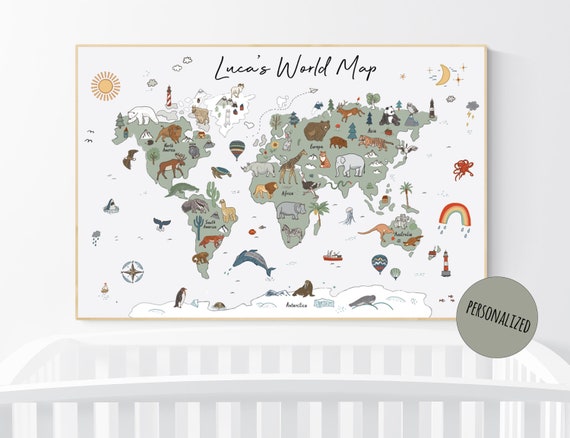 Woodland Animal world map, Nursery Decor, Animal World Map Print, World Map Wall Art, Forest Nursery, Sage Green, World Map With Animals