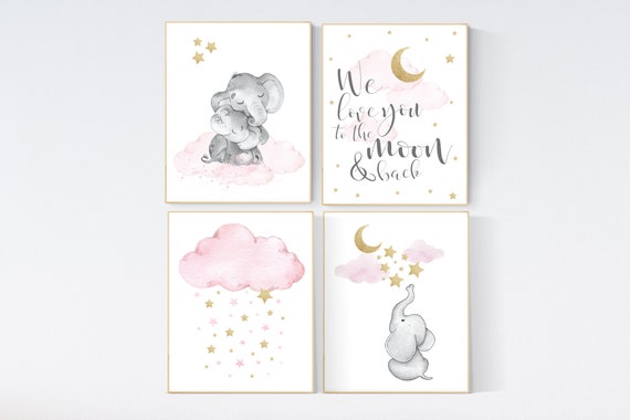 Nursery decor girl elephant, pink and gold nursery, we love you to the moon and back, pink nursery art, cloud and stars, baby room decor