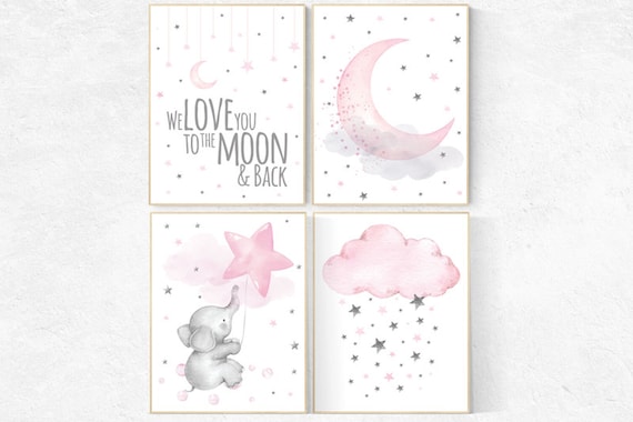 Nursery decor girl elephant, nursery prints, Nursery wall art girl, we love you to the moon and back, pink nursery wall art, cloud and star