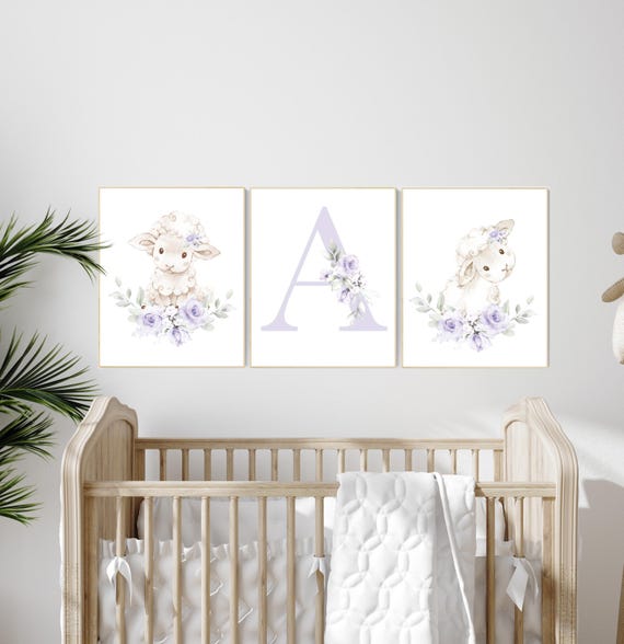 Purple Sheep Nursery Wall Art, Lavender Baby Girl Name Print, Farm Animal Nursery Decor, Custom Initial Floral Sheep Print Set