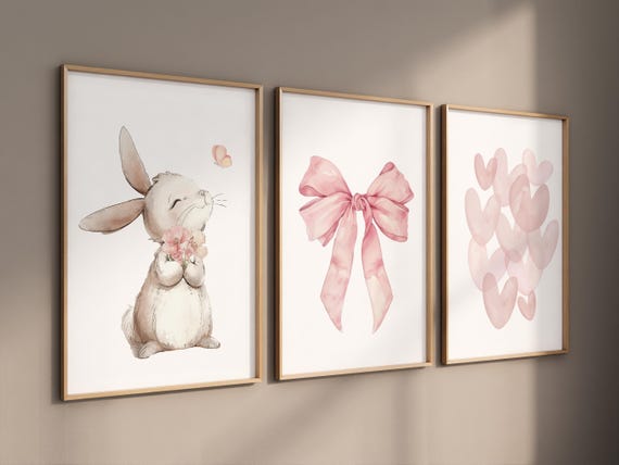 Blush Bunny Nursery Wall Art Set, Pink Bow and Heart Prints, Baby Girl Room Decor, Watercolor Rabbit Poster, Soft Pastel Animal Art