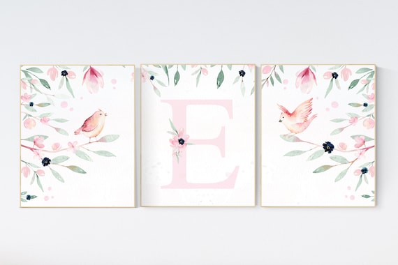 Baby girl wall decor, Girl nursery decor, pink navy, bird nursery wall art, floral nursery, flower nursery, Baby Girl Nursery, Bird Theme