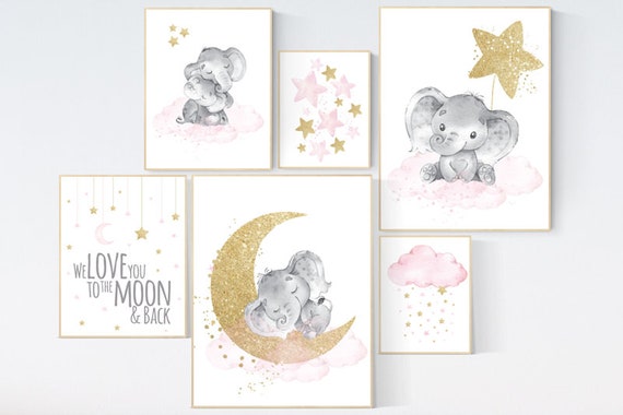 Nursery decor girl, Nursery decor elephant, baby room decor girl gold and pink, gold nursery art, to the moon and back, cloud stars nursery