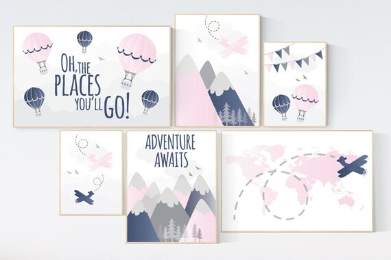 Mountain wall art for nursery, pink navy nursery decor, pink navy blue, nursery decor adventure, airplane, world map, adventure awaits