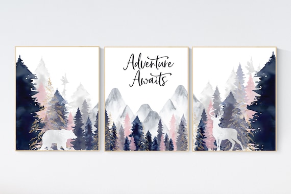 Nursery decor woodland, mountain wall art, tree nursery decor, adventure theme nursery, forest, navy, blush, gold woodland animals, forest