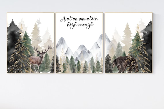 Nursery decor woodland, mountain wall art, tree nursery decor, adventure theme nursery, forest, sage green, beige, woodland animals